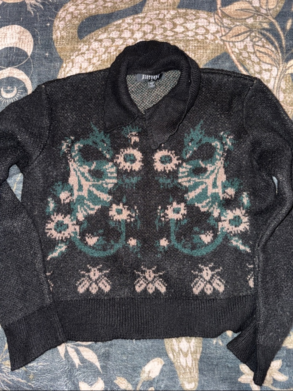 Disturbia Black Floral Knit Sweater with Teal and Pale Pink Dragon Pattern